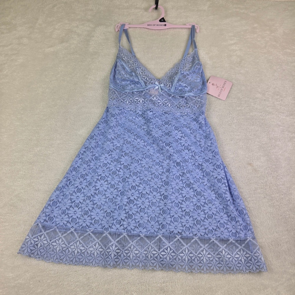 Bed of Roses Lace Chemise Set BET059B Blue Floral V-Neck Strappy Back Lingerie M